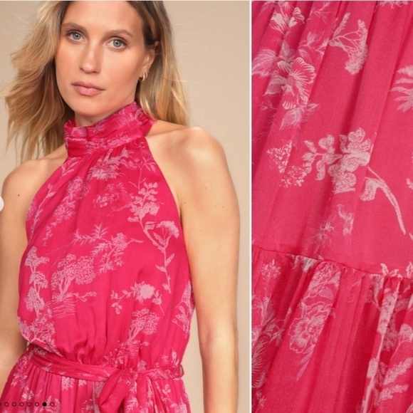 LULU's Floral Sexy Flowy Chic Halter Neck Modern Hot Pink Midi Dress NWOT - Picture 3 of 6